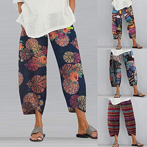 Firero Summer Capri hlače za žene, ženske posteljine ošišane hlače tiskane pantalone za gležanj s džepovima