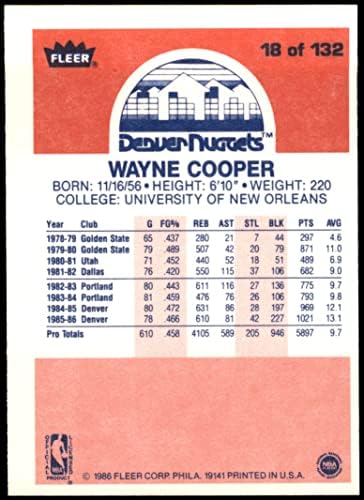 1986. Fleer 18 Wayne Cooper Denver Nuggets NM Nuggets University of New Orleans