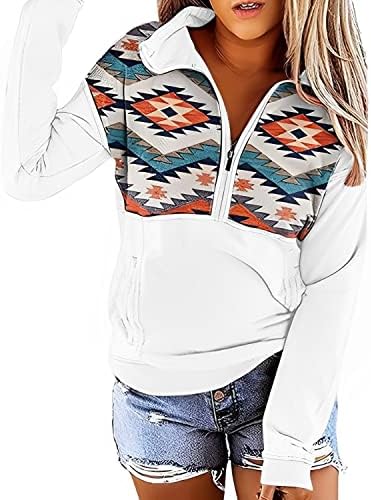 Fronage ženska dukserica za pola zatvarača Zapadni aztec džemper, ležerni dugi rukav Meksiko etnički grafički pulover vrhovi