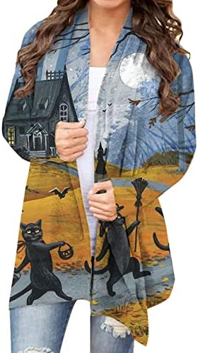Ženski Halloween kardigan bundeva mačka print dugi rukavi otvoreni prednji plus džemper za džemper dugi ženski džemper