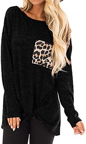 Žene vrhove udobne ležerne dukserice dugih rukava Twist Twist Knot Tunik Leopard Tiskani džepni pulover bluz majice majice