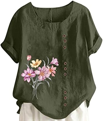 Majice od pamučne posteljine za žensko ljeto plus veličine vrhovi cvjetni print gumb kratkih rukava majice bluze za vrat