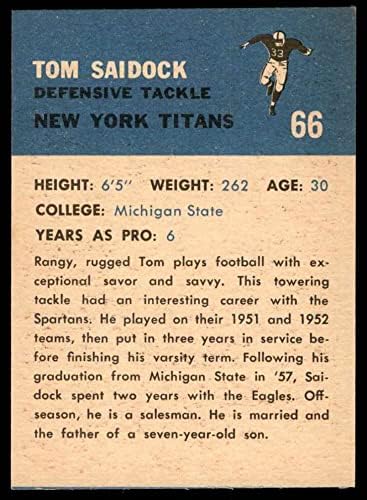 1962. Fleer 66 Tom Saidock New York Jets Ex Jets