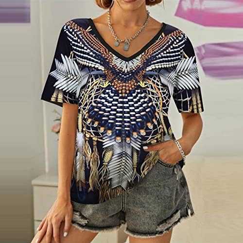 Ženski v vrat kratki rukavi gornja košulja pernati tisak plemenskog stila ležerno ljeto vanjska nosača labava bluza tunika