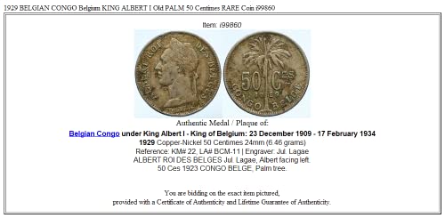 1929. BE 1929. Belgijski Kongo Belgija kralj Albert I Old Palm 50 Centimes Dobra nevjereno