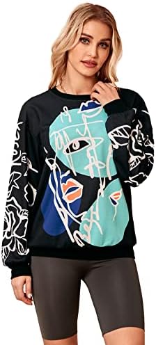 WDIRARA ženska figura grafički print Twimheirt okrugli vrat dugi rukavi kontrastna boja grafiti pulovers