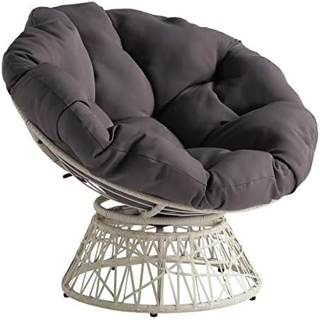 OSP kućni namještaj pletena papasanska stolica s okretnim 360 stupnjeva, veliki, krem ​​okvir sa sivim jastukom