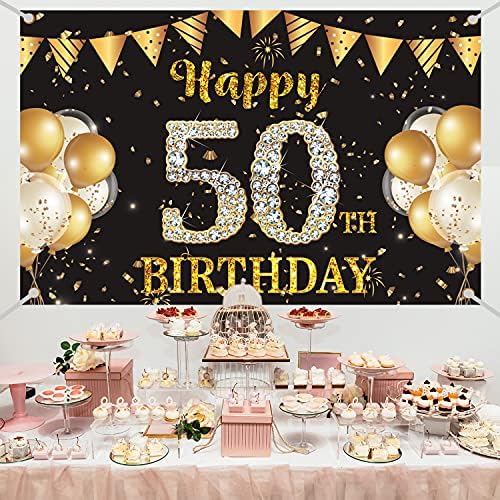 Obraznica za 50. rođendan, velika tkanina sretna rođendanska natpis, crno -zlatni ukrasi za muškarce, žene za proslavu 50.