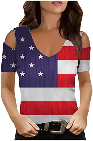 Lmdudan Dan neovisnosti za žene hladni rame vrhovi ljeto V vrat Patriotske majice Bluza 4. srpnja košulje američke zastave