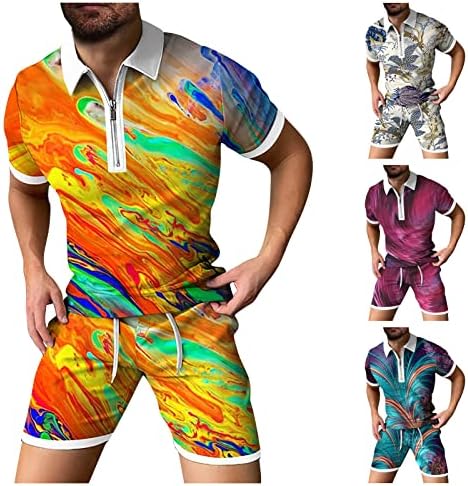 Plus veličine muške odijela za staze setovi 2023 Odmor u stilu Print Zip Up Polo košulje i kratke hlače muške znojne odijela
