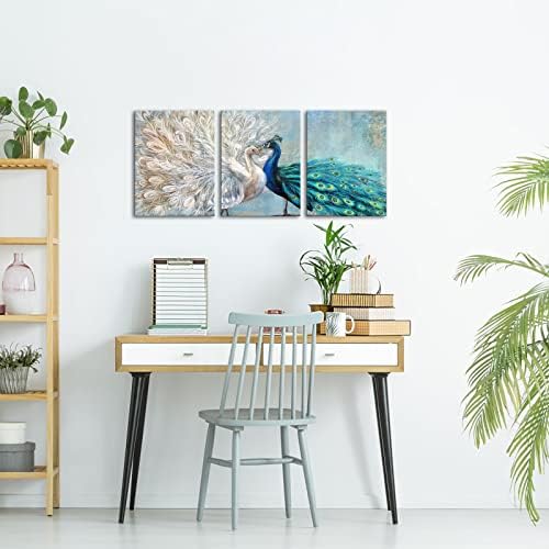 Sechars 3 komada paunovog platna zidna umjetnost vintage plavo -bijeli paunov perje slikanje slike umjetnička djela za kućnu
