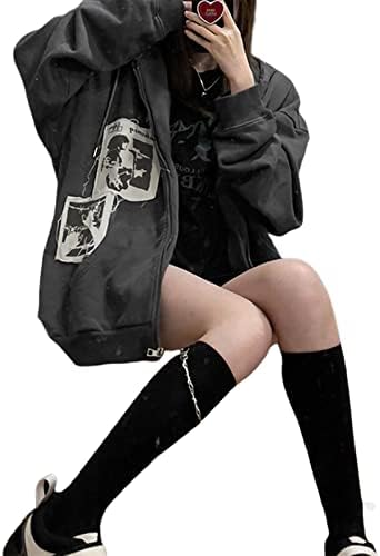 KMBANGI Žene Y2K Zip Up Hoodie casual grafičke kapuljače Estetske jakne s dugim rukavima s džepovima