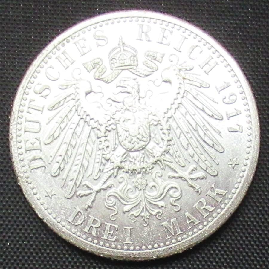 Njemački 3 Mark 1917. Strane replike Silver-platene komemorativne kovanice