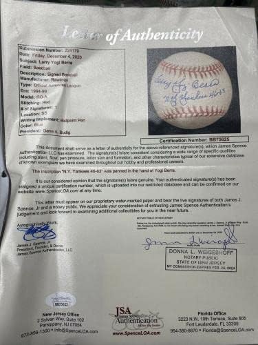 Larry Yogi Berra Ny Yankees 46-63 Potpisani bejzbol JSA LOA - Autografirani bejzbol