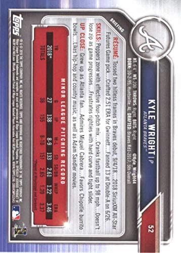 2019 Bowman Baseball 52 Kyle Wright RC Rookie Card Atlanta Braves Službena MLB trgovačka kartica s Topps