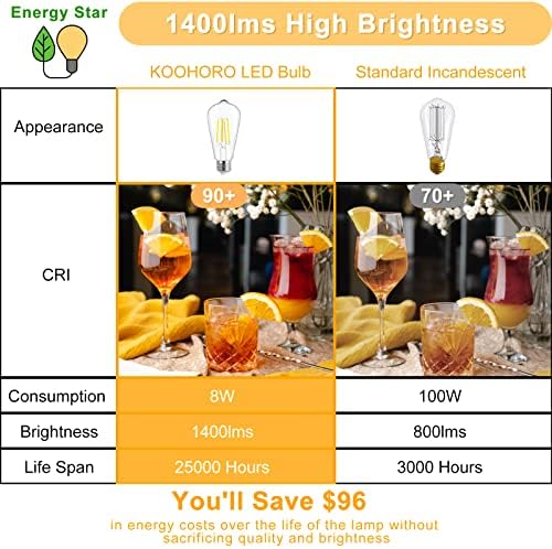 Led žarulje KOOHORO ekvivalent od 100 W, 8 W E26 LED bulb1400 lumena, berba led žarulje promjenjive svjetline, 3000K topla