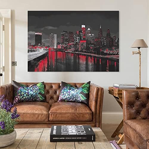 Philadelphia Wall Art Black and White Red American City Skyline at Night Picture - 副本 Canvas Art Poster Wall Art Picture